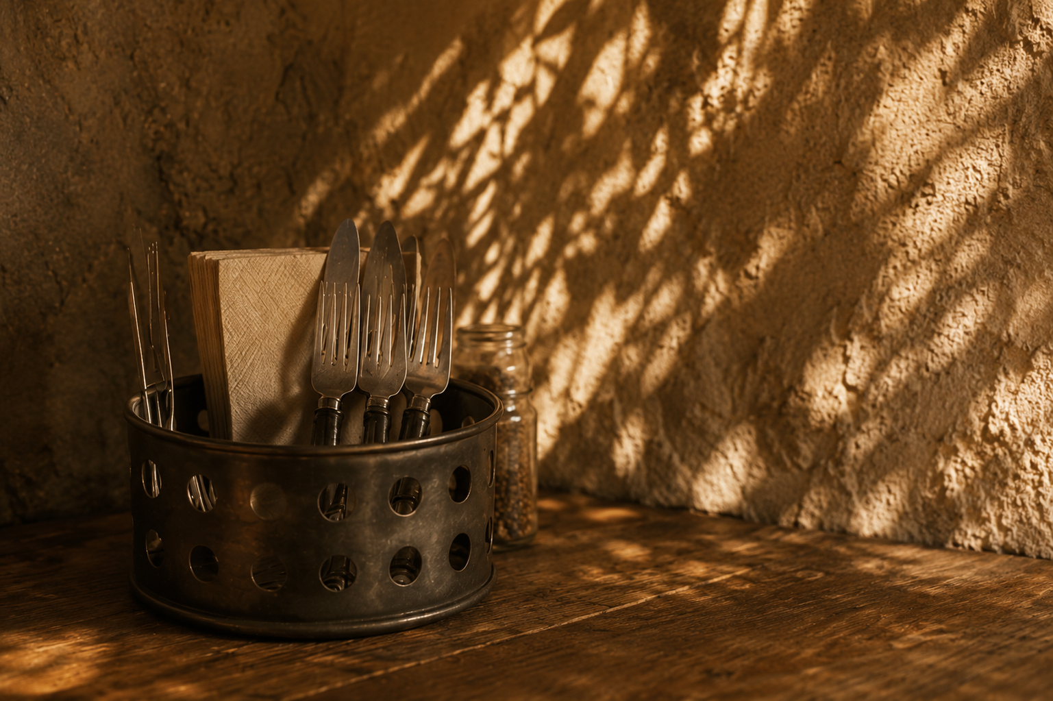 cutlery holder on a wooden table with soft olive branch shadows on plaster