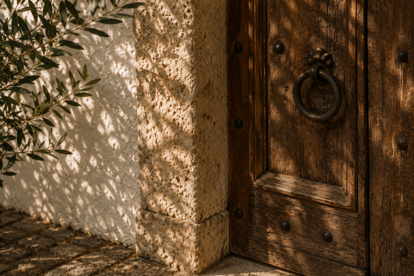 wooden door with olive branch shadows across stone and plaster