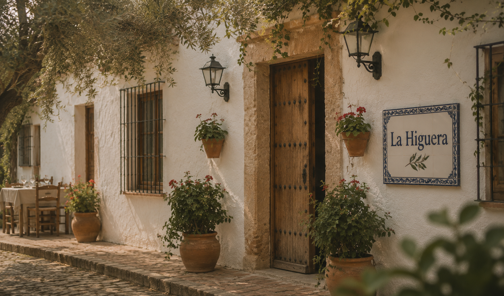 warm afternoon light on the la higuera facade — studded wooden door, lanterns, terracotta pots and a tiled sign