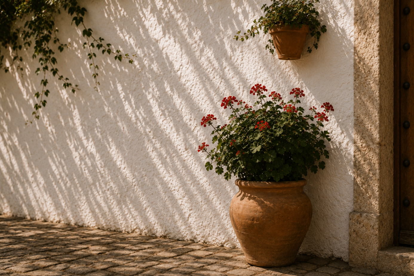 red geraniums in terracotta pots against a whitewashed wall with branch shadows