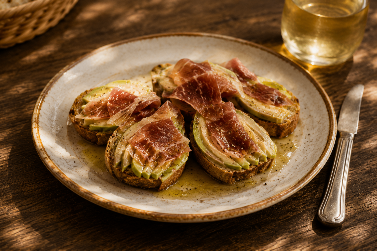 toasted bread with jamón and avocado on a ceramic plate