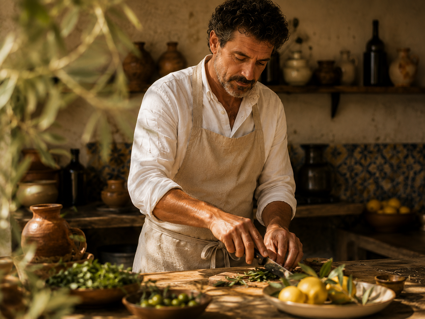 owner preparing ingredients in a warm rustic kitchen