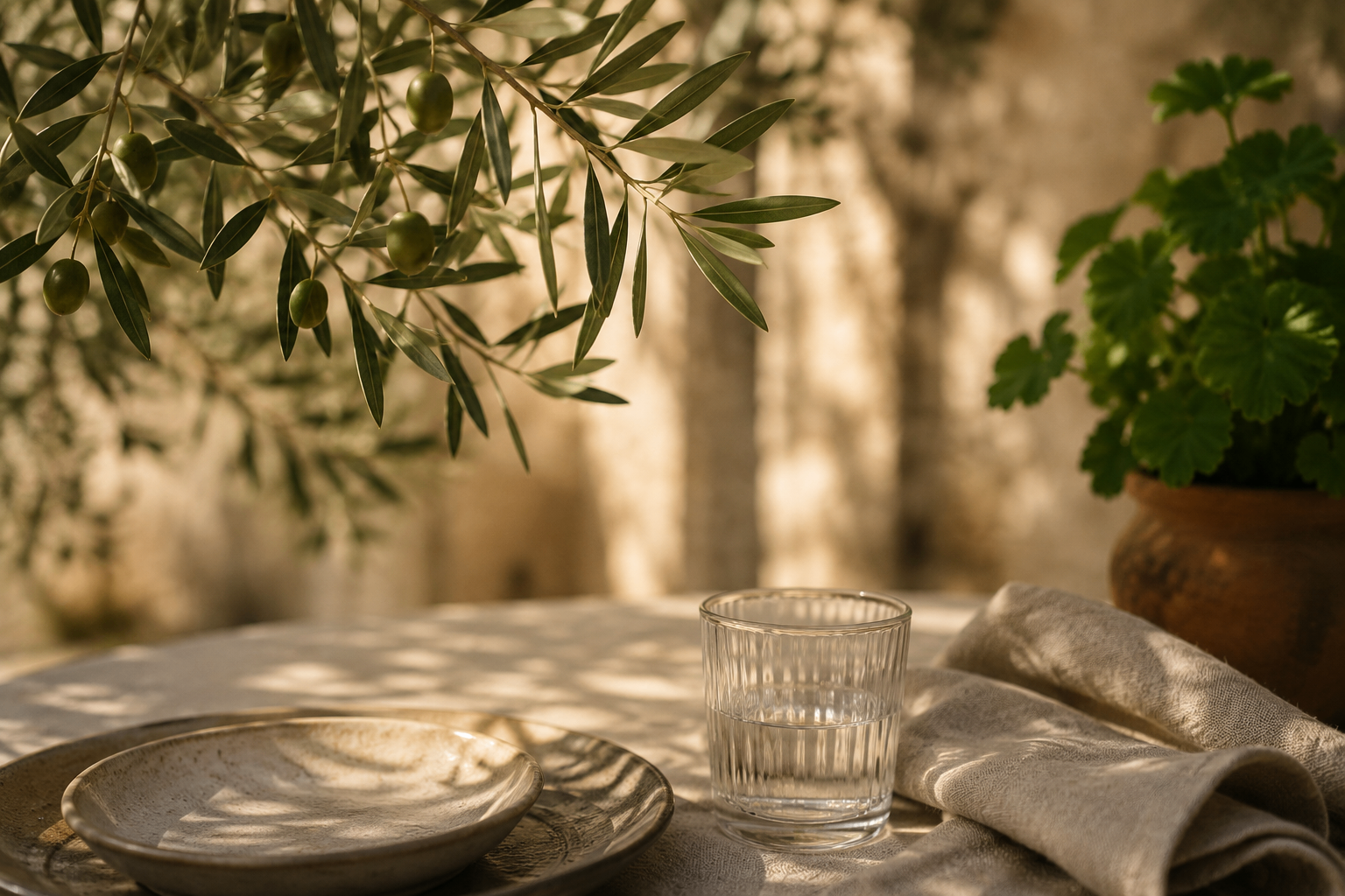olive branch hanging above a quiet table setting in warm Mediterranean light