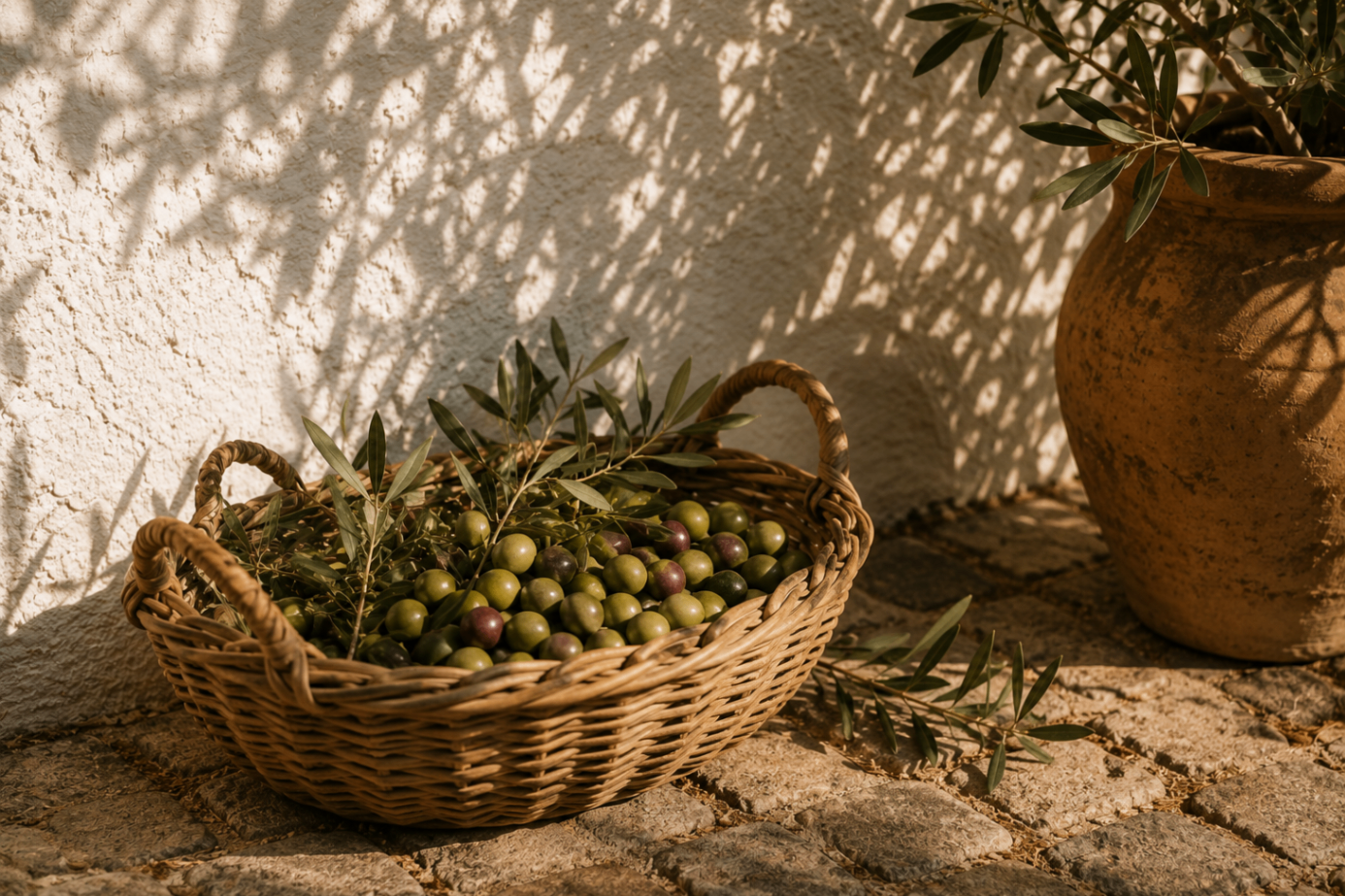 basket of fresh olives beneath olive branch shadows on cobblestones