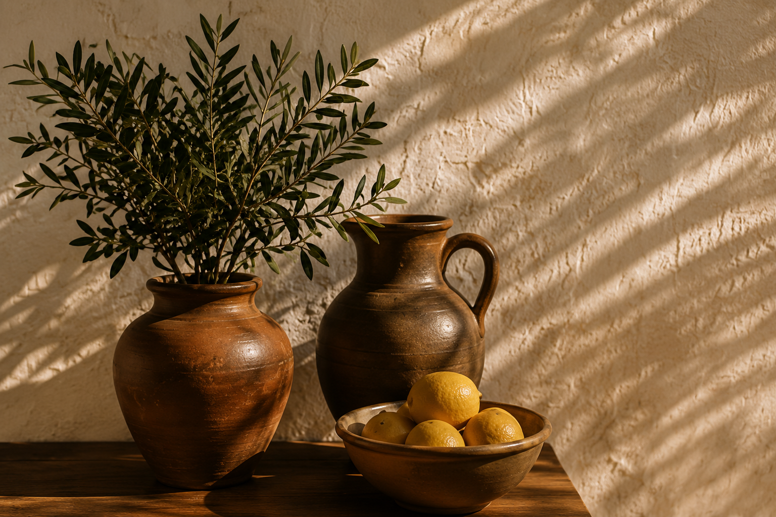 olive branches in terracotta pottery beside lemons against a sunlit plaster wall