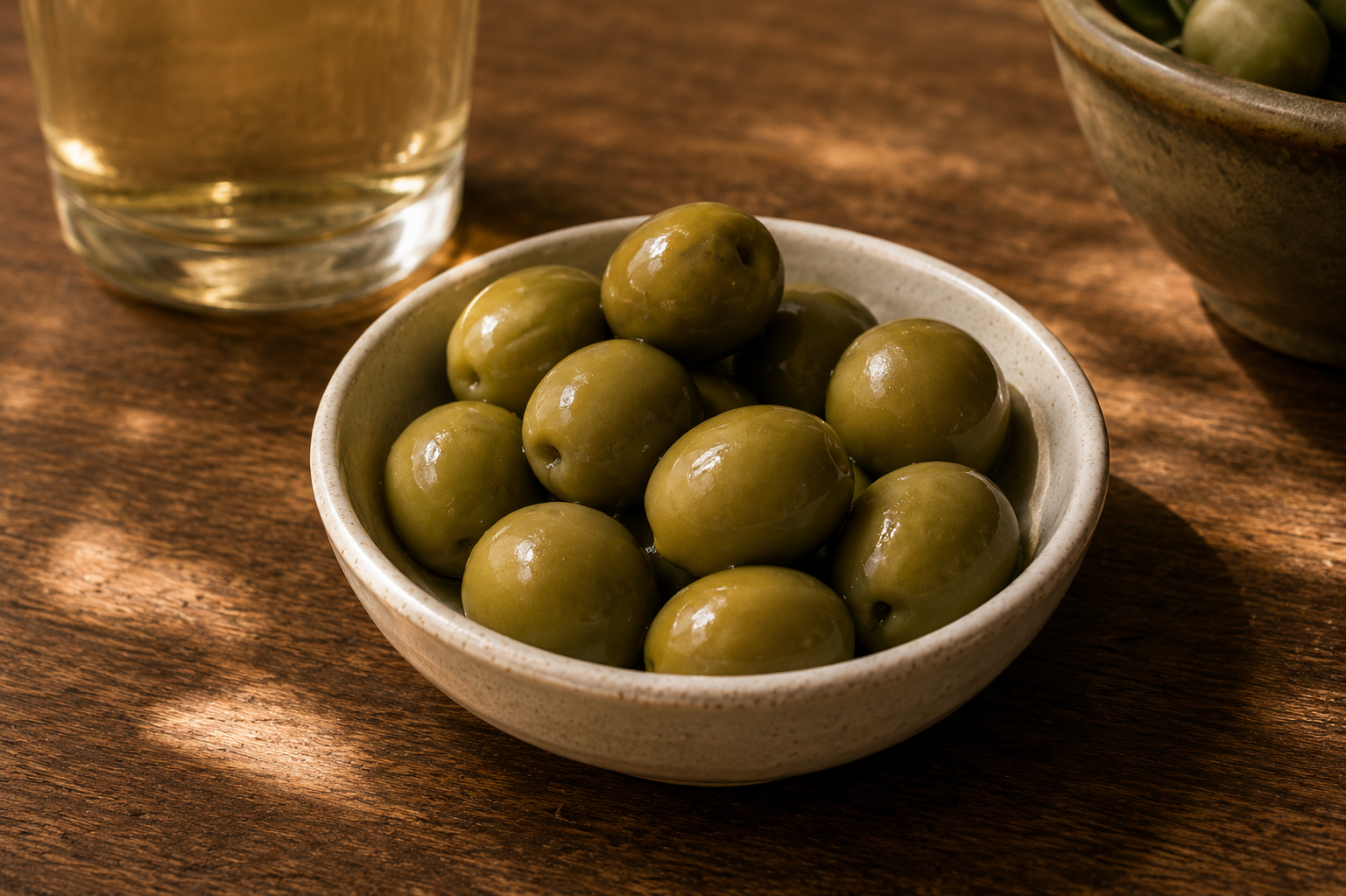 green olives in a small ceramic bowl on a wooden table