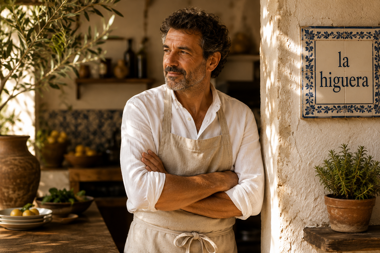 owner standing in warm afternoon light beside a tiled la higuera sign