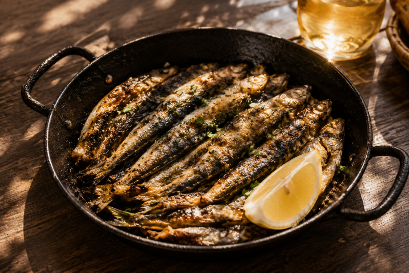 charred sardines in a black pan with lemon on a wooden table