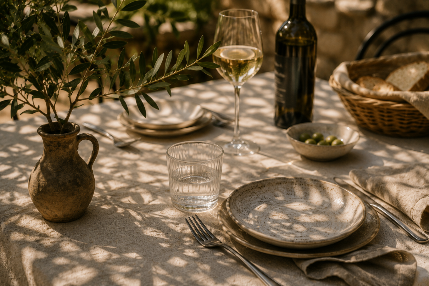 close detail of a courtyard table setting with wine and soft olive branch shadows