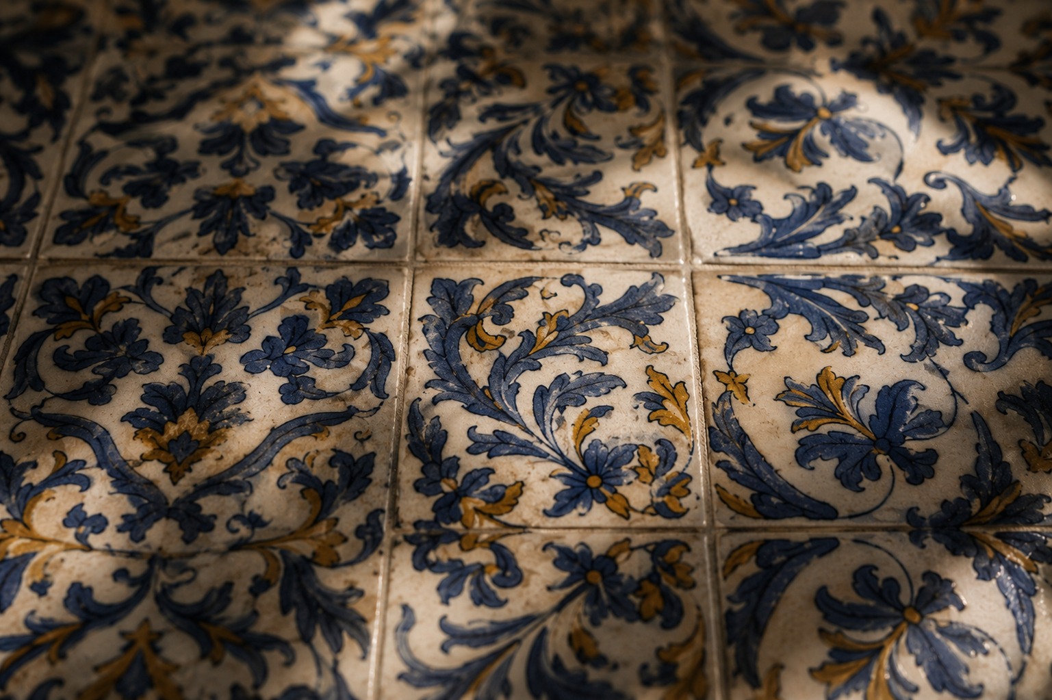 close view of blue and ochre Andalusian ceramic tiles in soft shadow