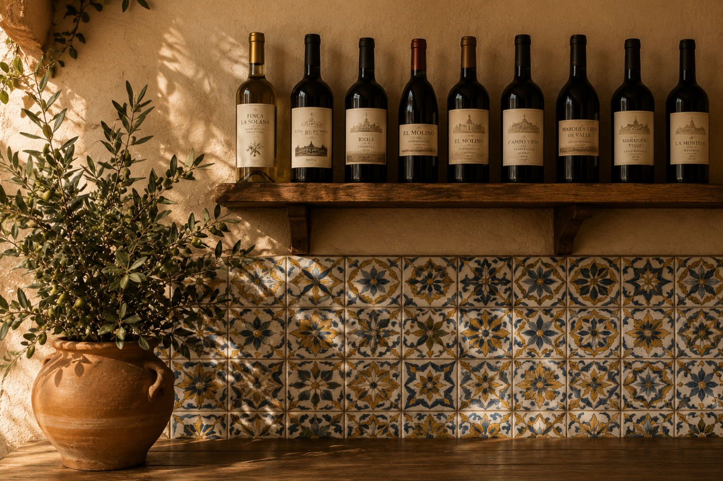 wine bottles above patterned Andalusian tiles and an olive branch in terracotta pottery